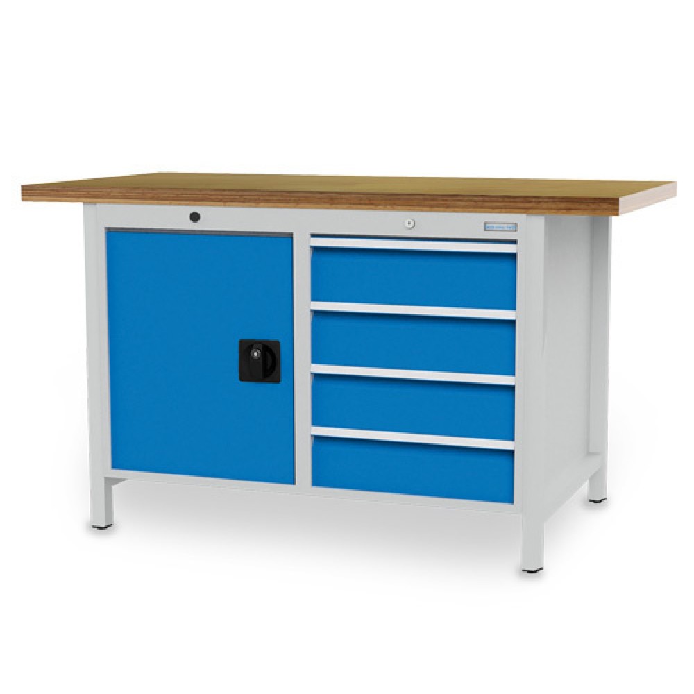 Produktabbildung: Bedrunka+Hirth Kastenwerkbank R 18-24, HxBxT 859 x 1.500 x 750 mm, lichtgrau, lichtblau, 4 Schubladen 4x150 mm, 1 Flügeltür 1x600 mm