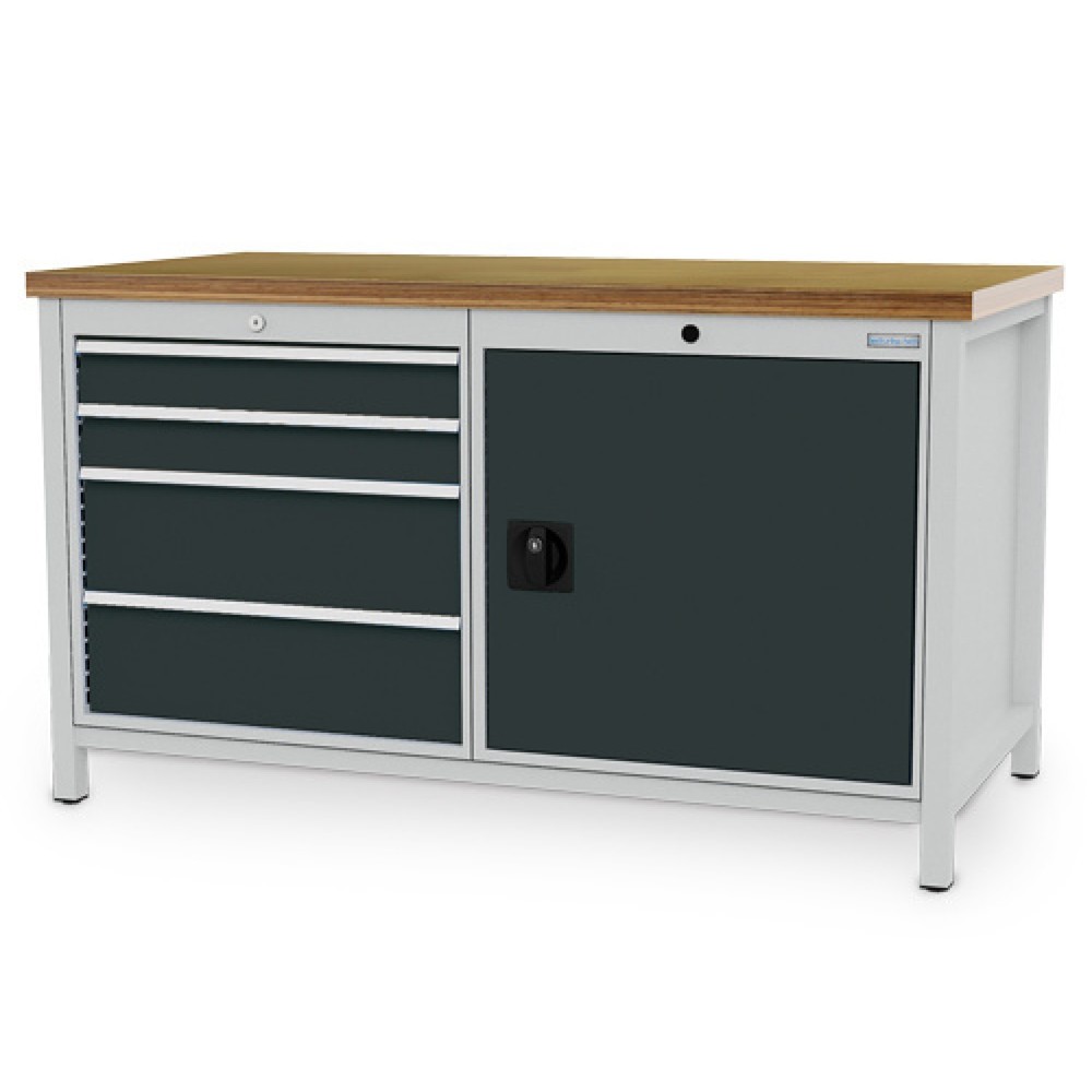 Produktabbildung: Bedrunka+Hirth Werkbank R 24-24, HxBxT 859 x 1.500 x 750 mm, lichtgrau, anthrazitgrau, 4 Schubladen 4x200 mm, 1 Flügeltür 1x600 mm