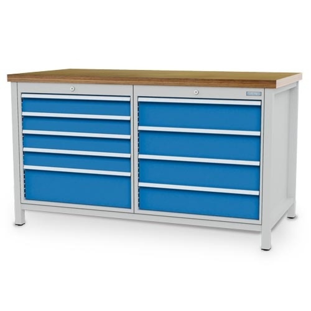 Produktabbildung: Bedrunka+Hirth Werkbank R 24-24, HxBxT 859 x 1.500 x 750 mm, lichtgrau, lichtblau, 9 Schubladen 4x100 + 4x150 + 1x200 mm