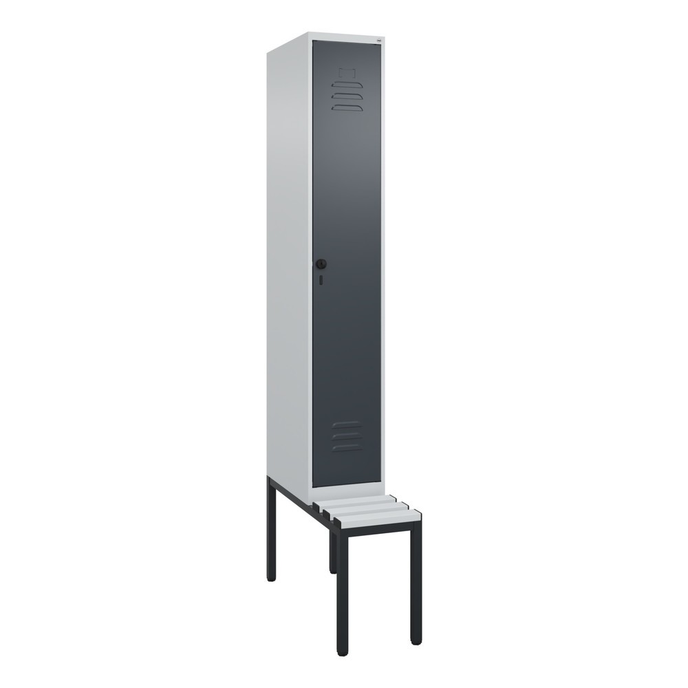 Produktabbildung: C+P Spind Classic PLUS, 1 Abteil, HxBxT 2.120 x 300 x 815 mm, für Vorhängeschloss, untergebaute Bank aus Kunststoff, lichtgrau, anthrazitgrau
