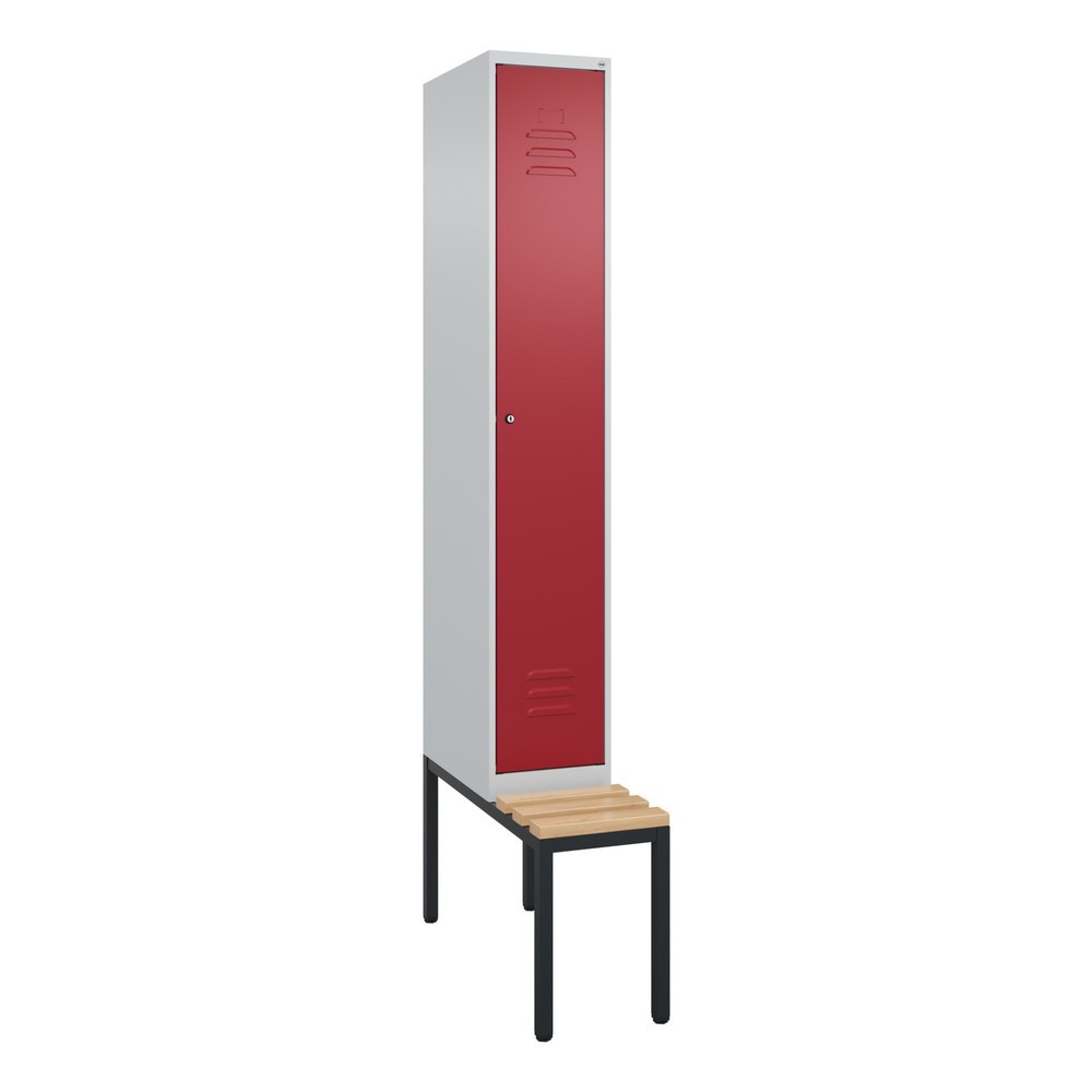 Produktabbildung: C+P Spind Classic PLUS, 1 Abteil, HxBxT 2.120 x 300 x 815 mm, Zylinderschloss, untergebaute Bank aus Buche, lichtgrau, rubinrot
