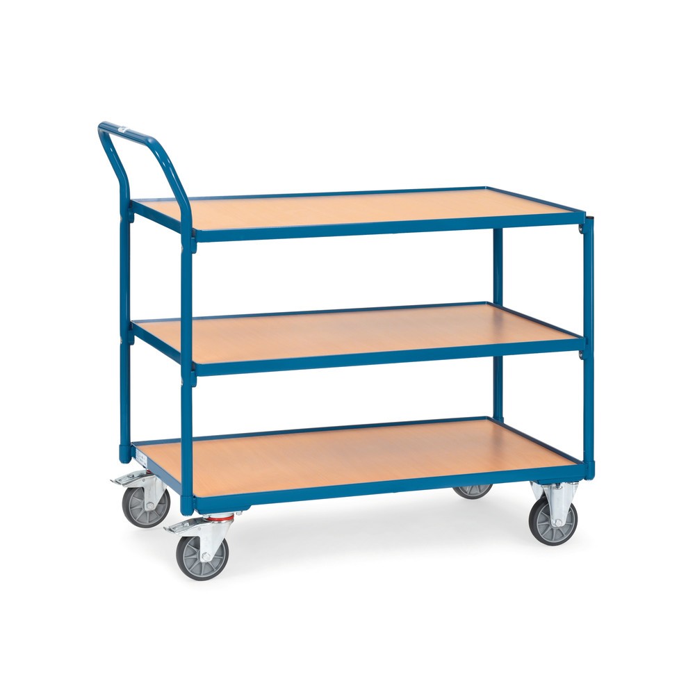 Produktabbildung: fetra® Tischwagen, TK 300 kg, 3 Etagen à 850 x 500 mm, hochstehender Schiebebügel
