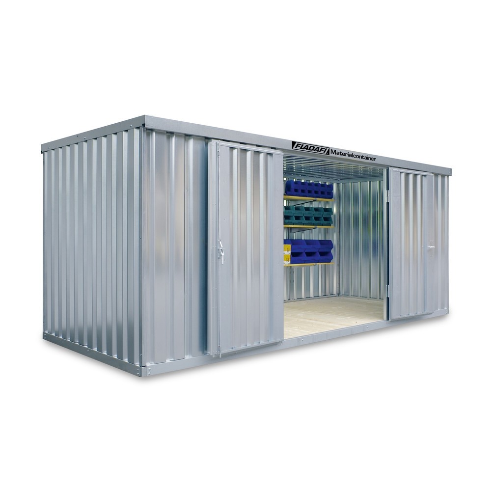 Produktabbildung: FLADAFI® Materialcontainer 10m², verzinkt, zerlegt, mit Holzfußboden, Maße außen 5080x2170x2150 mm, Doppelflügeltür, mittig in Breitseite