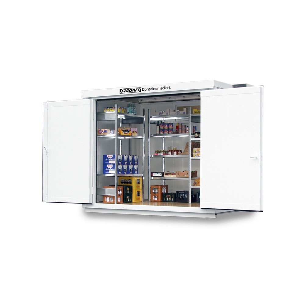Produktabbildung: FLADAFI® Materialcontainer 6m², isoliert, mit isoliertem Boden, Maße außen 3050x2170x2500 mm, Einzelflügeltür, mittig in Stirnseite