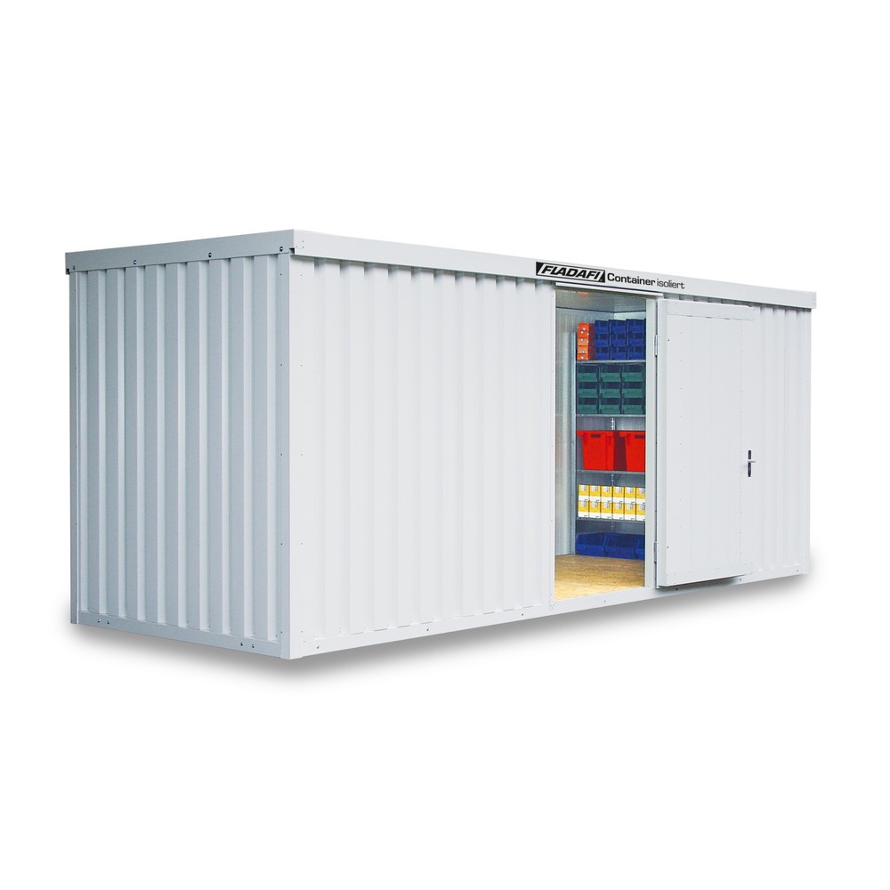 Produktabbildung: FLADAFI® Materialcontainer 12m², isoliert, mit Holzfußboden, Maße außen 6080x2170x2405 mm, Einzelflügeltür, mittig in Stirnseite