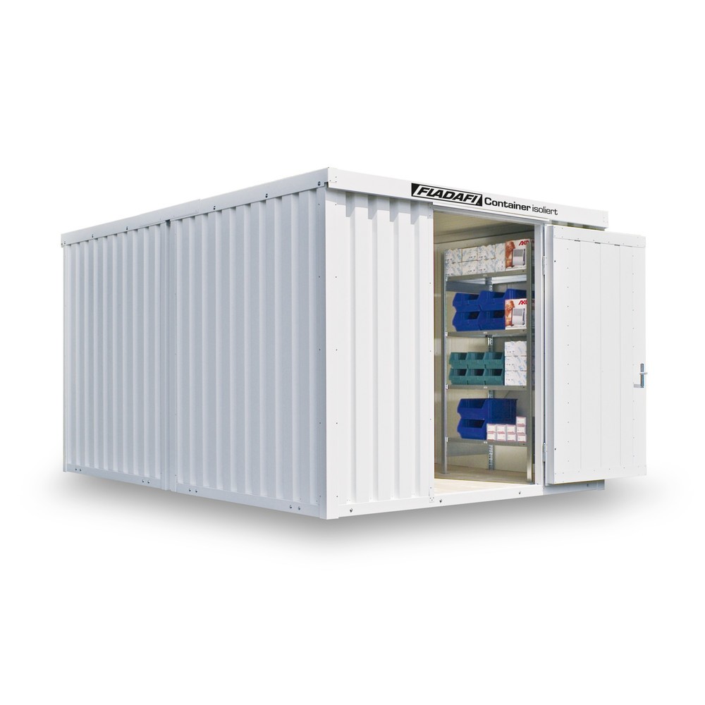 Produktabbildung: FLADAFI® Materialcontainer-Kombination 12m², isoliert, mit Holzfußboden, Maße außen 3050x4340x2405 mm, Doppelflügeltür (asymmetrische Teilung), mittig in Stirnseite
