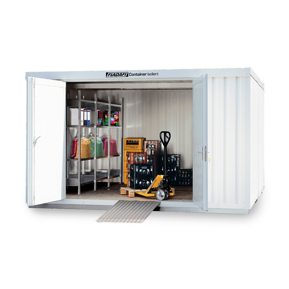 Produktabbildung: FLADAFI® Materialcontainer-Kombination 12m², isoliert, mit isoliertem Boden, Maße außen 3050x4340x2500 mm, Doppelflügeltür (asymmetrische Teilung), mittig in Stirnseite, Zusatztür