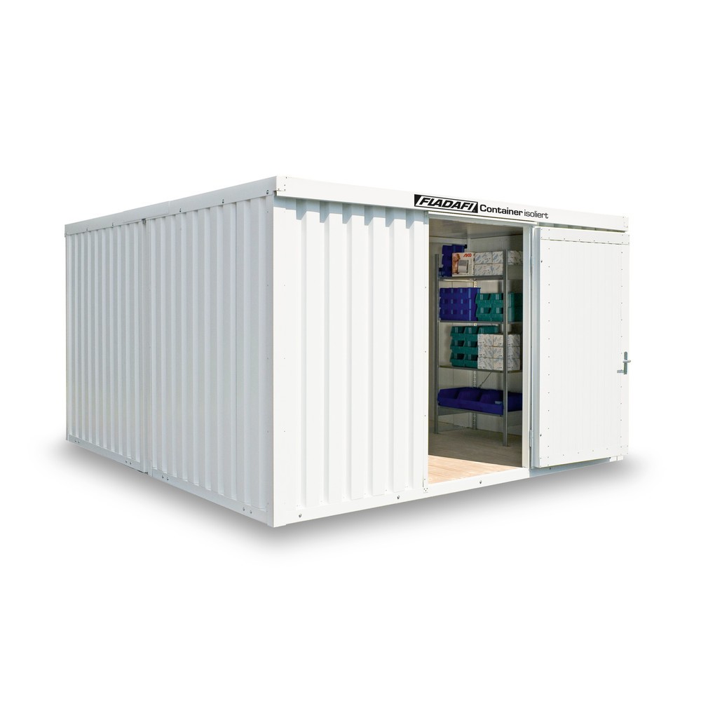 Produktabbildung: FLADAFI® Materialcontainer-Kombination 18m², isoliert, mit Holzfußboden, Maße außen 3050x6520x2405 mm, Doppelflügeltür (asymmetrische Teilung), mittig in Stirnseite