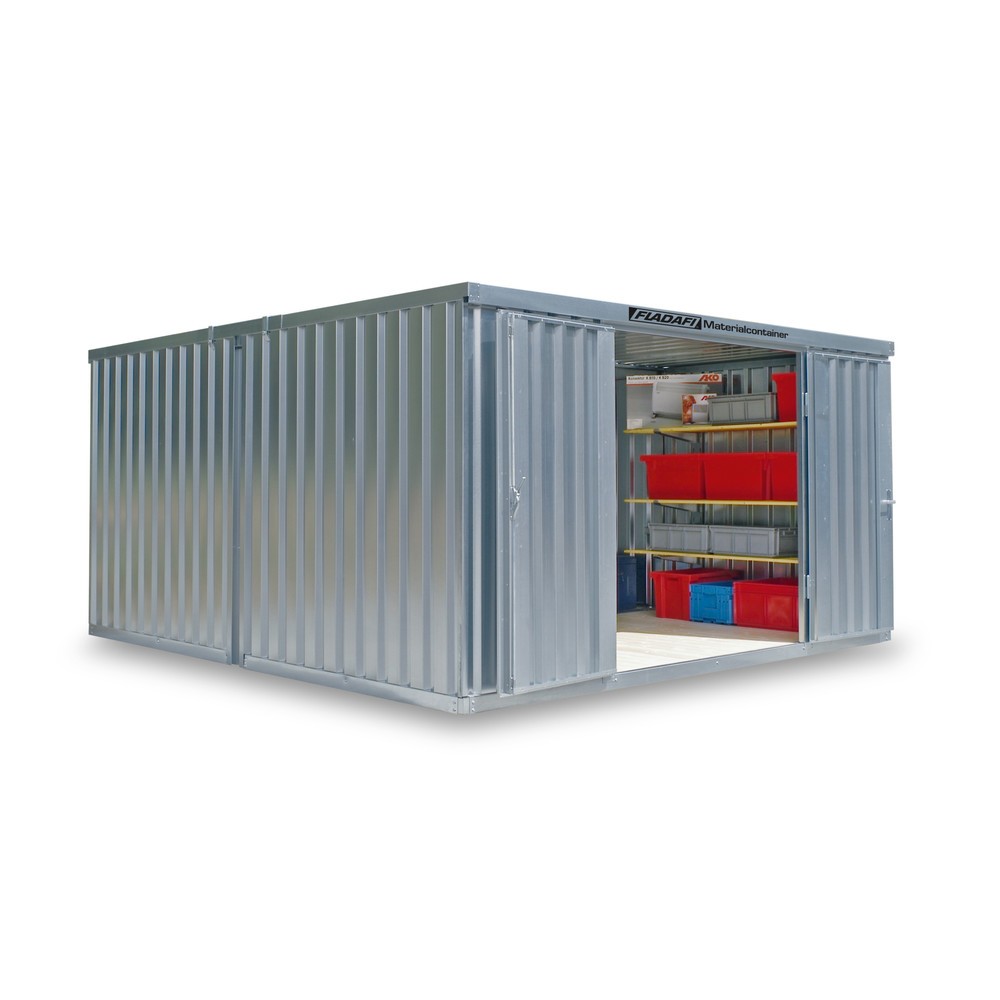 Produktabbildung: FLADAFI® Materialcontainer-Kombination 16m², zerlegt, mit Holzfußboden, Maße außen 4050x4340x2150 mm, Einzelflügeltür, mittig im Modul