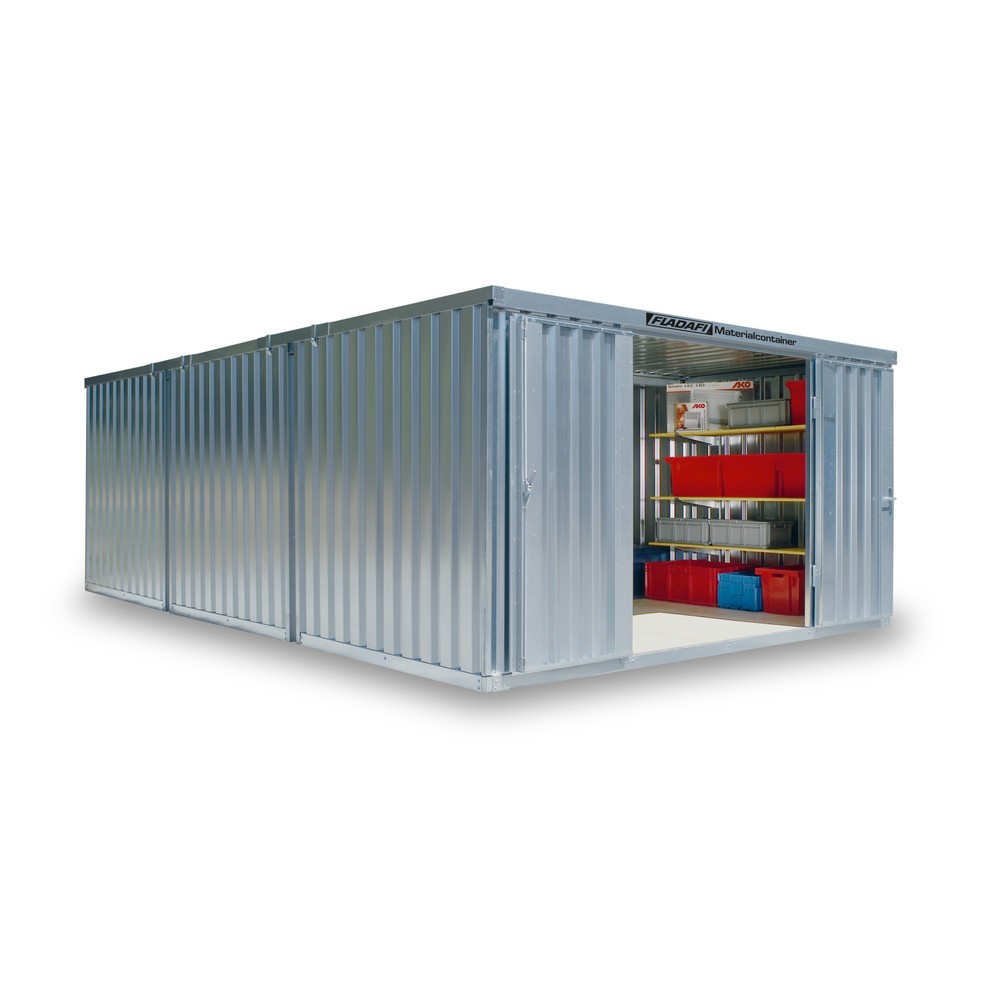 Produktabbildung: FLADAFI® Materialcontainer-Kombination 25m², zerlegt, ohne Boden, Maße außen 4050x6520x2115 mm, Doppelflügeltür (asymmetrische Teilung), mittig in Stirnseite, Zusatztür