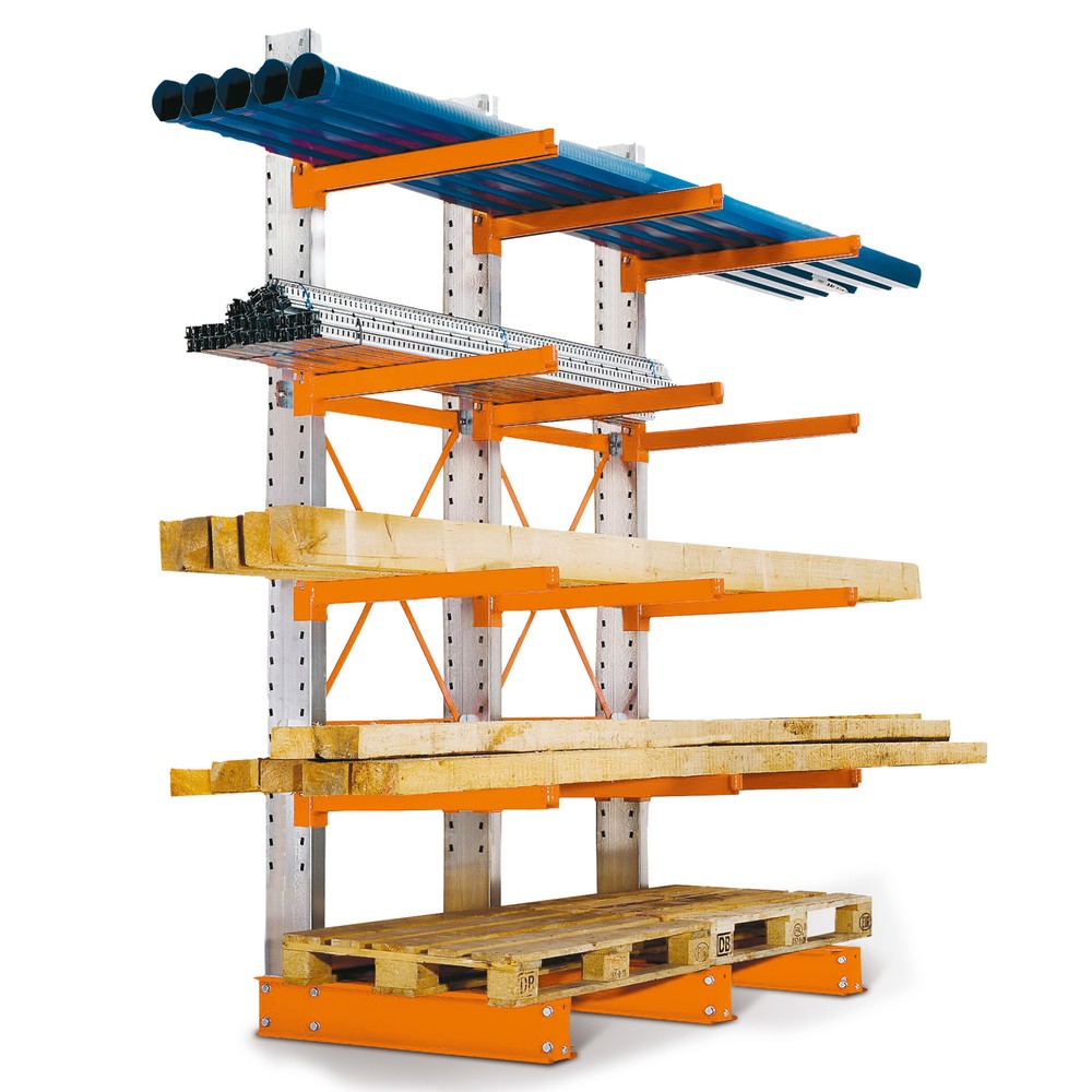 Produktabbildung: Komplettpaket Kragarmregal, einseitig, Tragkraft pro Arm 400 kg, HxBxT 2.432 x 3.160 x 1.020 mm, 4 Ständer