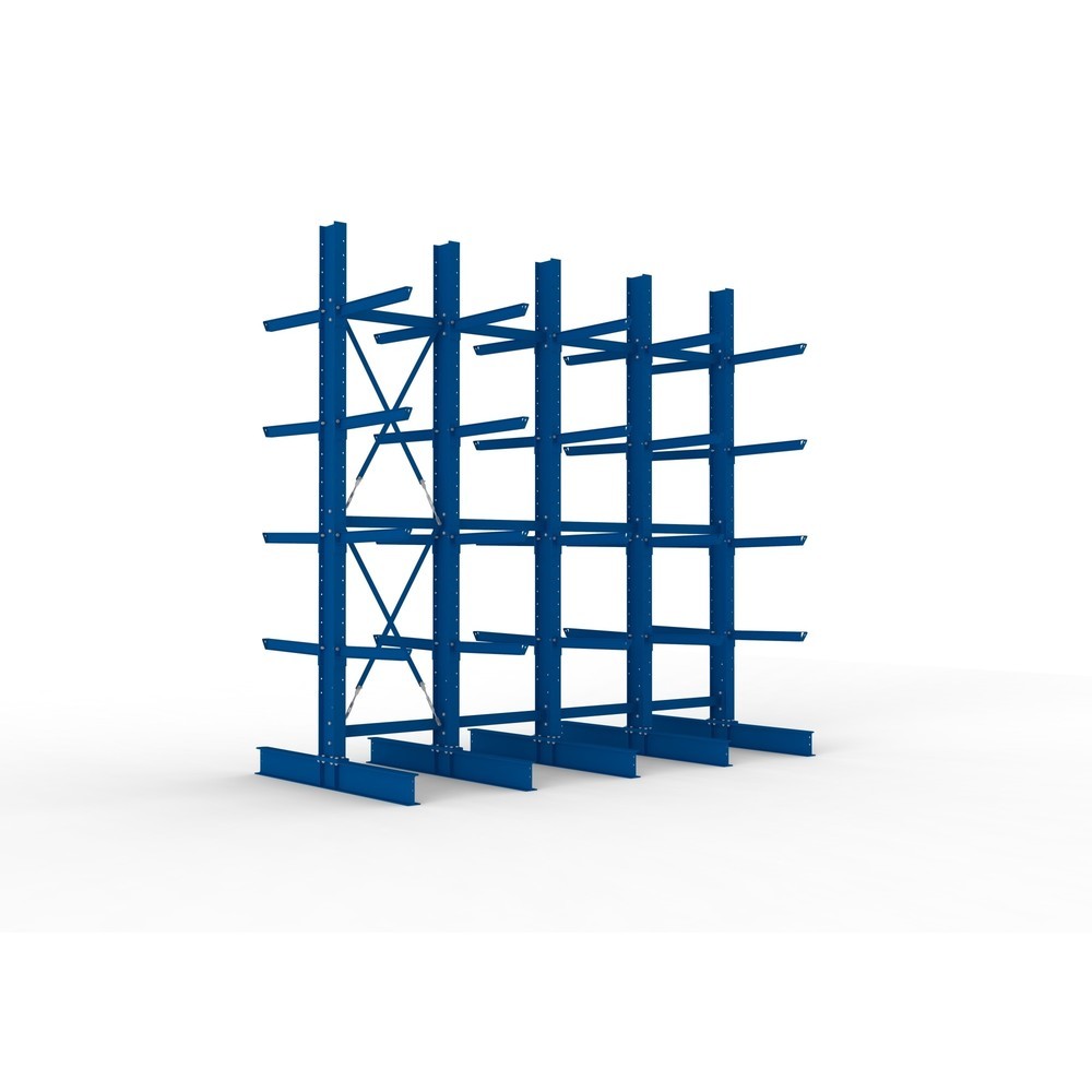 Produktabbildung: META Komplettpaket Schwerlast-Kragarmregal, doppelseitig, Tragkraft pro Arm 630 kg, HxBxT 4.000 x 4.100 x 2.020 mm, 5 Ständer