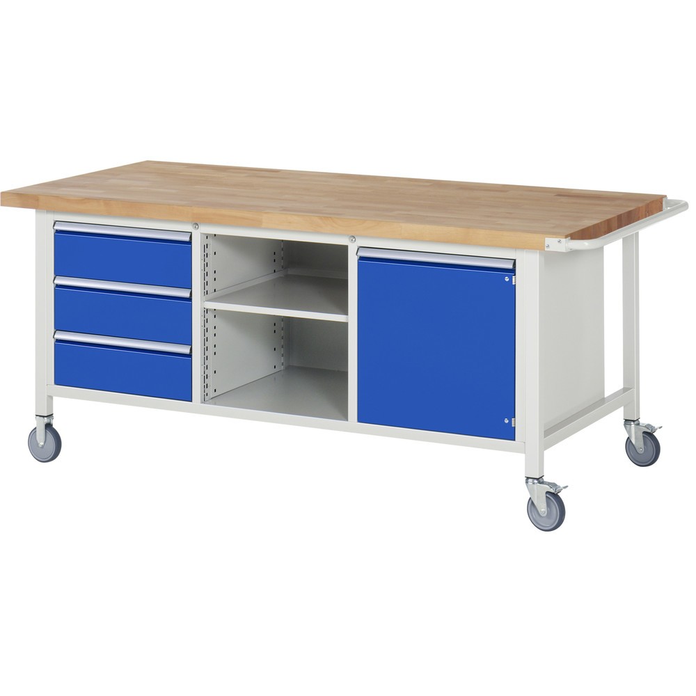 Produktabbildung: RAU mobile Werkbank Serie 8000, 1 Dreifach-Container, 1 Fachboden, 1 Flügeltür, HxBxT 880 x 2.000 x 900 mm, 3 x 90%-Auszug-Schubladen, ErgoScript