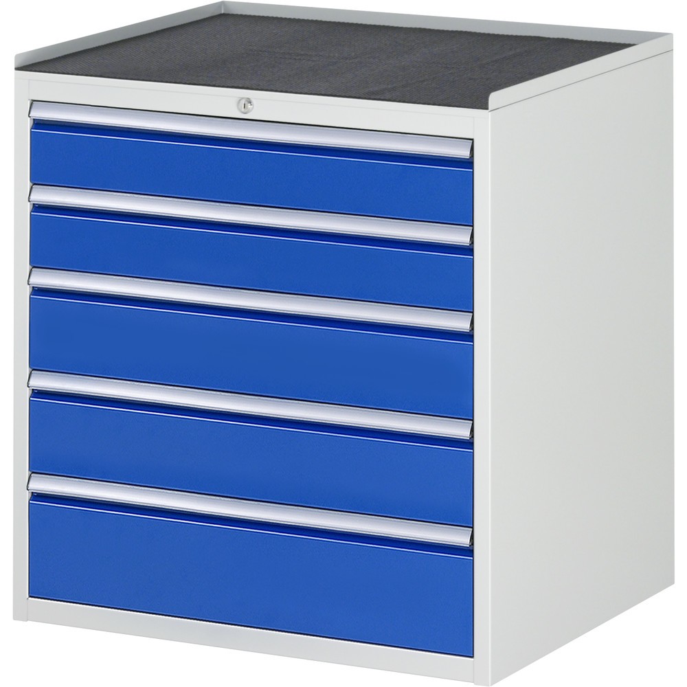 Produktabbildung: RAU Schubladenschrank Serie 7000, HxBxT 825 x 770 x 650 mm, 5 x 90%-Auszug-Schubladen 2 x 120, 2 x 150, 1 x 180 mm, Arbeitsplatte Metall