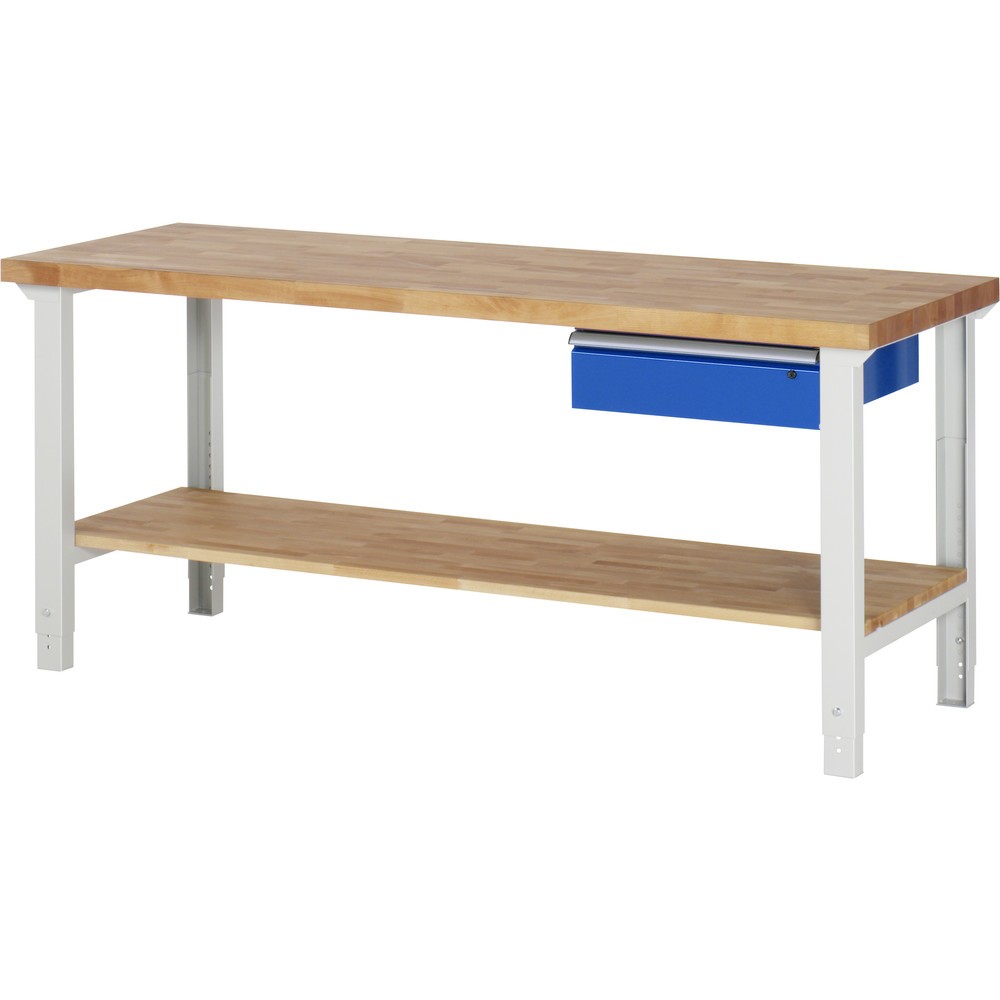 Produktabbildung: RAU Werkbank Serie 7000, HxBxT 790-1.140 x 2.000 x 700 mm, 1 Ablageboden, 1 Schublade, ErgoScript