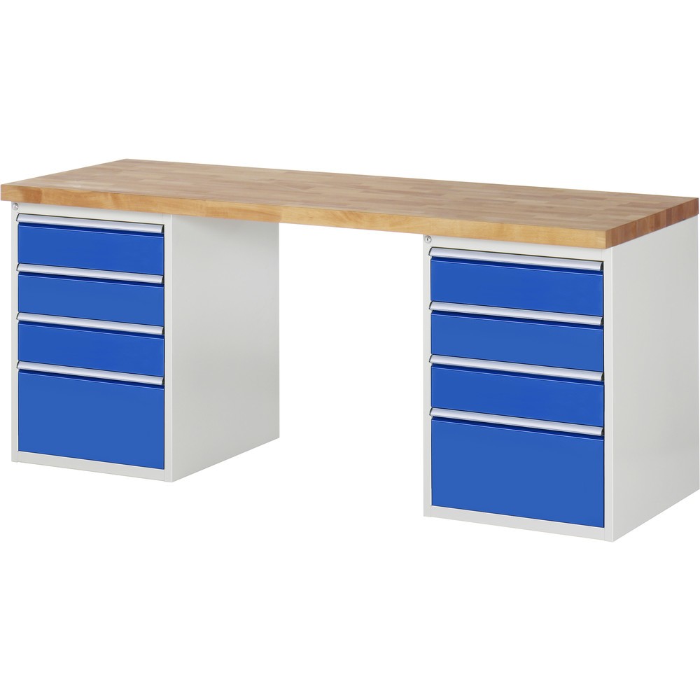 Produktabbildung: RAU Werkbank Serie 7000, 2 Container, HxBxT 890 x 2.000 x 700 mm, 8 x 90%-Auszug-Schubladen 6 x 150, 2 x 270 mm