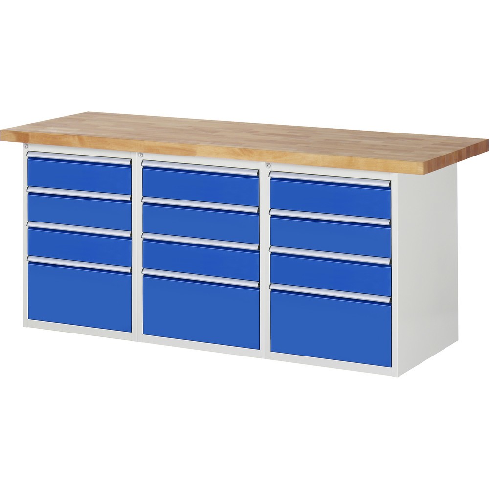 Produktabbildung: RAU Werkbank Serie 7000, 3 Container, HxBxT 890 x 2.000 x 900 mm, 12 x 90%-Auszug-Schubladen