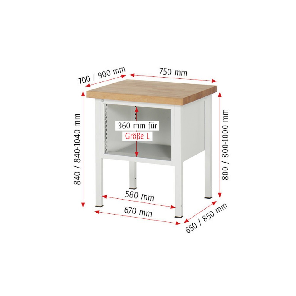 Produktabbildung Nr. 6: RAU Werkbank Serie 8000, HxBxT 840-1.040 x 750 x 900 mm, 2 x 90%-Auszug-Schubladen 1 x 150, 1 x 210 mm, Schubladen-TK 100 kg
