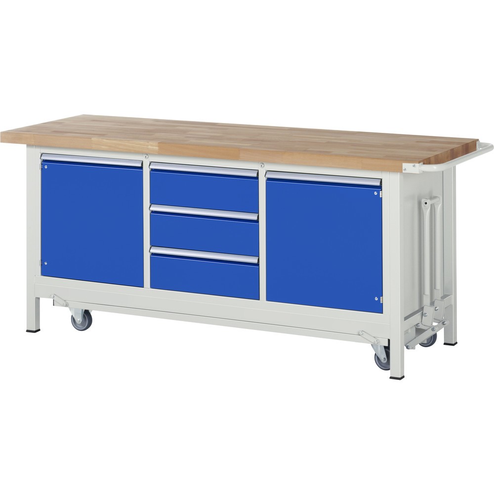 Produktabbildung: RAU Werkbank Serie 8000 mit absenkbarem Fahrgestell, 1 Dreifach-Container, HxBxT 880 x 2.000 x 700 mm, 2 Flügeltüren, 3 x 90%-Auszug-Schubladen, ErgoScript