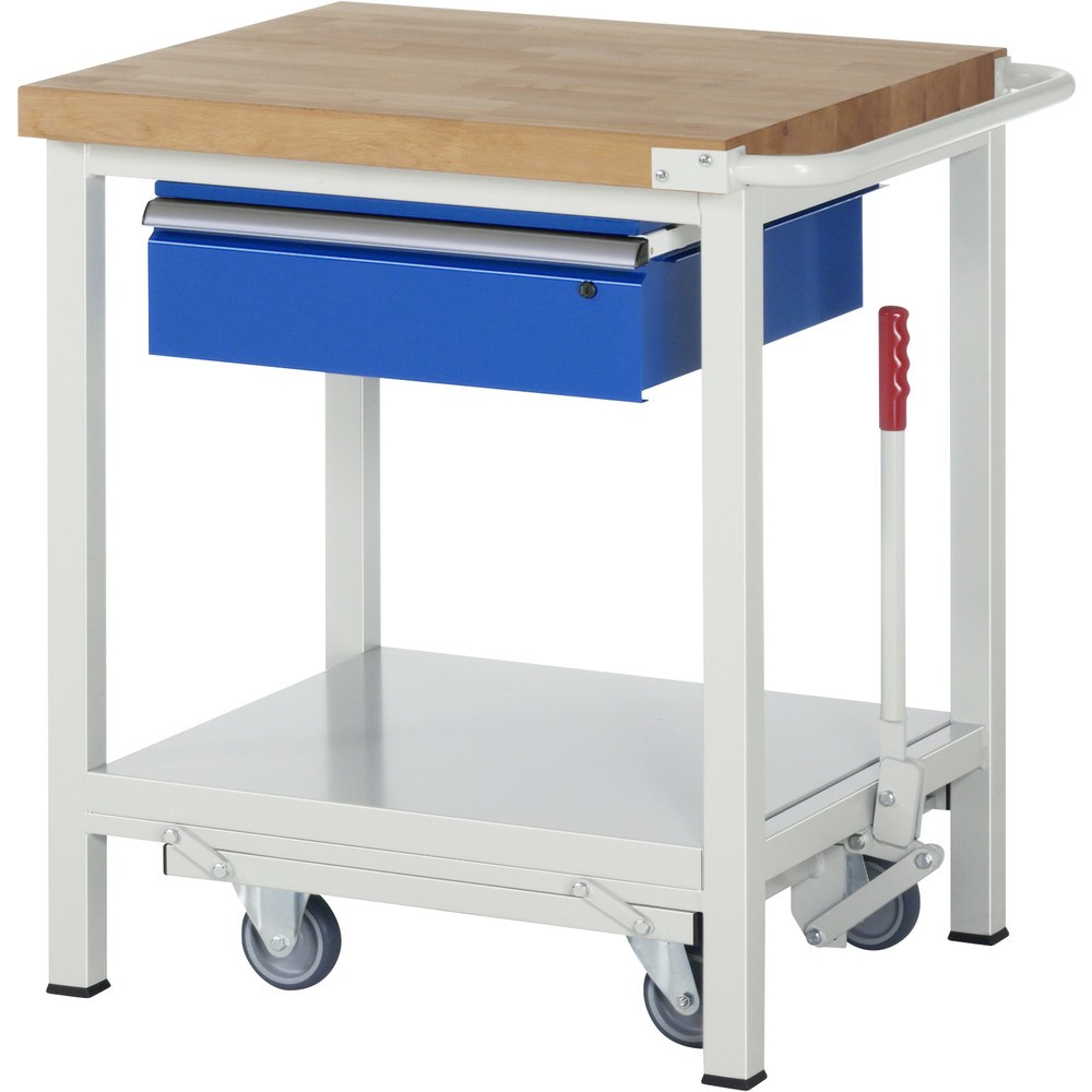Produktabbildung: RAU Werkbank Serie 8000 mit absenkbarem Fahrgestell, HxBxT 880 x 750 x 700 mm, Ablageboden, 1 Schublade, ErgoScript®