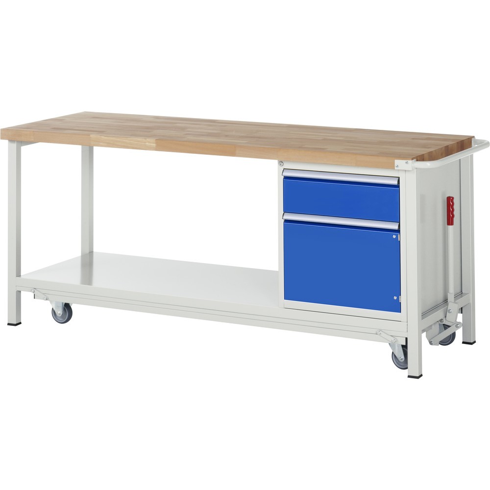 Produktabbildung: RAU Werkbank Serie 8000 mit absenkbarem Fahrgestell, 1 Container, 1 Ablageboden, HxBxT 880 x 2.000 x 700 mm, 1 x 90%-Auszug-Schubladen, 1 Flügeltür, ErgoScript