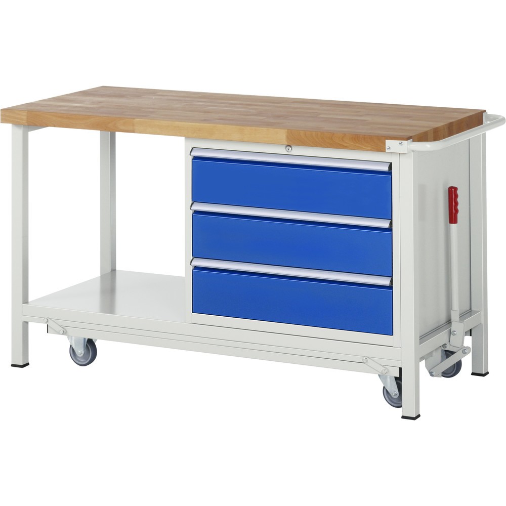 Produktabbildung: RAU Werkbank Serie 8000 mit absenkbarem Fahrgestell, 1 Container, 1 Ablageboden, HxBxT 880 x 1.500 x 700 mm, 3 x 90%-Auszug-Schubladen, Breite 680 mm, ErgoScript