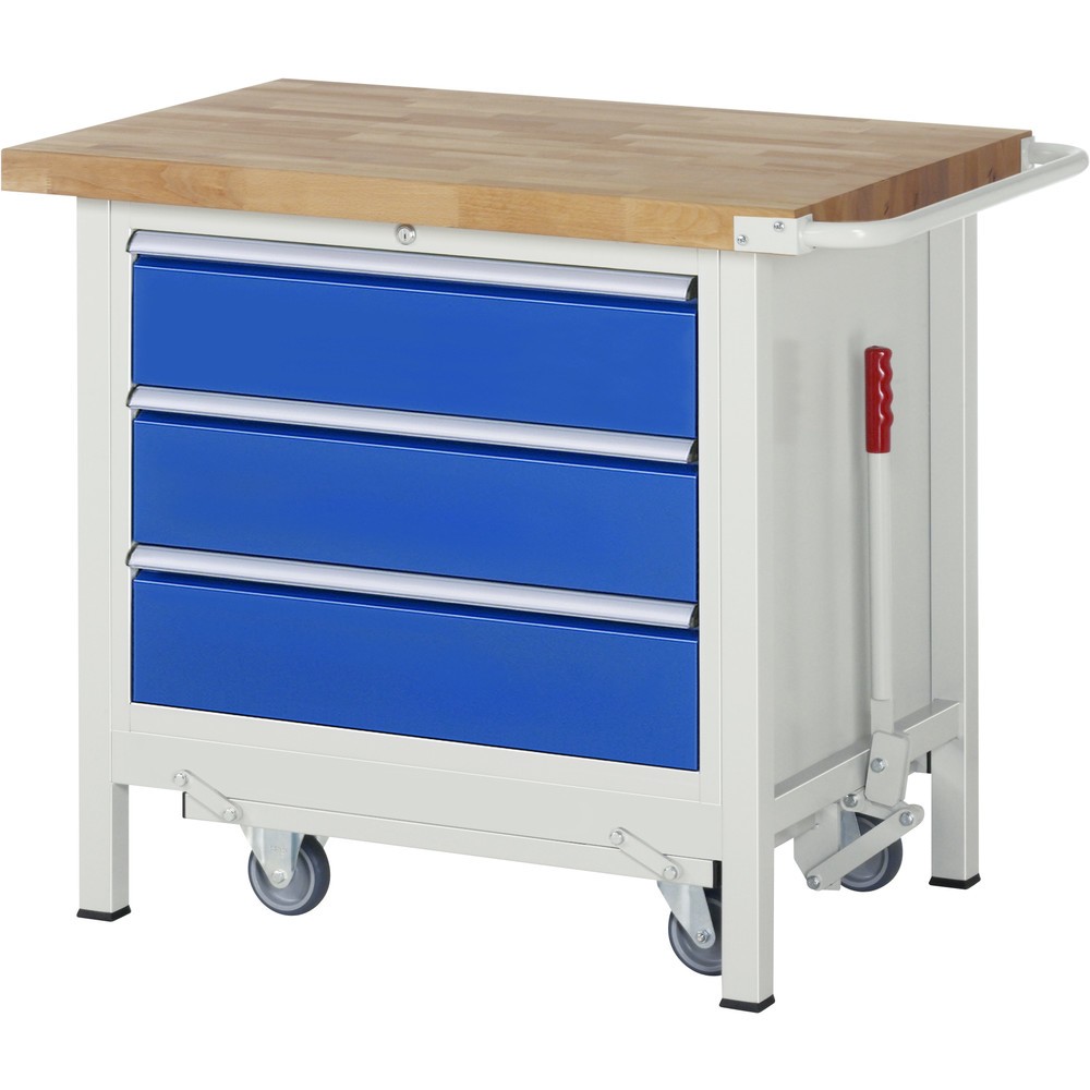 Produktabbildung: RAU Werkbank Serie 8000 mit absenkbarem Fahrgestell, 1 Container, HxBxT 880 x 1.000 x 700 mm, 3 x 90%-Auszug-Schubladen, Breite 680 mm, ErgoScript