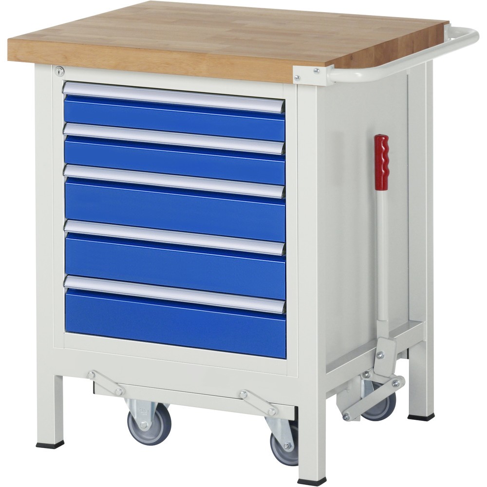 Produktabbildung Nr. 1: RAU Werkbank Serie 8000 mit absenkbarem Fahrgestell, 1 Container, HxBxT 880 x 750 x 700 mm, 5 x 90%-Auszug-Schubladen, Breite 490 mm