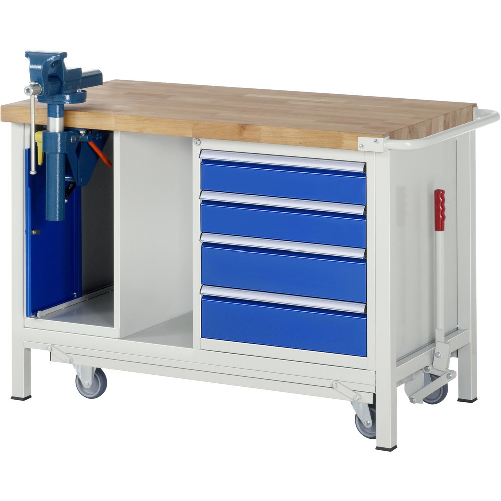 Produktabbildung: RAU Werkbank Serie 8000 mit absenkbarem Fahrgestell, 2 Container, 1 Ablageboden, HxBxT 880 x 1.250 x 700 mm, 4 x 100% Auszugs-Schubladen, Schraubstock
