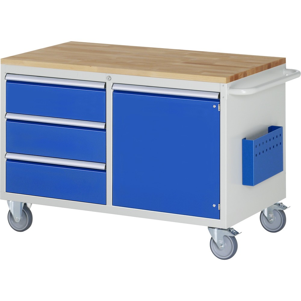 Produktabbildung: RAU Werkstattwagen Serie 7000, HxBxT 795 x 1.145 x 650 mm, 1 Flügeltür, 3 x 90%-Auszug-Schubladen 3 x 180 mm, Arbeitsplatte Buche, ErgoScript®
