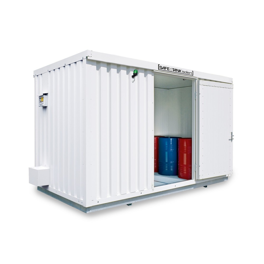 Produktabbildung: SAFE Tank Gefahrstoffcontainer 1900 ECO, isoliert, energieeffizient durch bedarfsgerechte Lüftersteuerung, Maße außen 6380x2170x2560 mm, Einzelflügeltür, mittig in 2 m Seite, Lagerfläche 11 m²