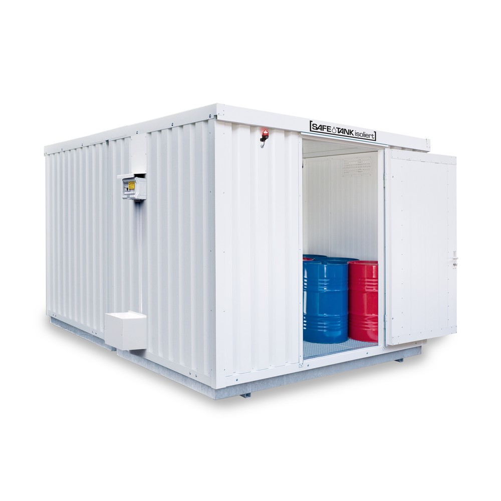 Produktabbildung: SAFE Tank Gefahrstoffcontainer Kombination, 2500 PLG/ALG, isoliert, vormontiert, kunststoffbeschichtet RAL 9002, Maße außen 4350x4340x2510 mm, Doppelflügeltür (asymmetrische Teilung), seitlich in langen Seite, Lagerfläche 16 m²